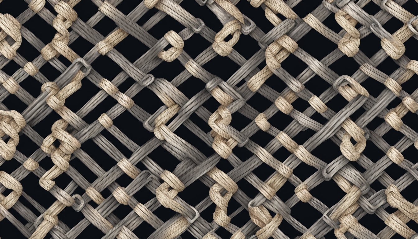 Metal chains intertwine with intricate macramé knots, creating a dynamic texture.</p><p>The contrast of industrial and organic materials adds depth to the craft piece
