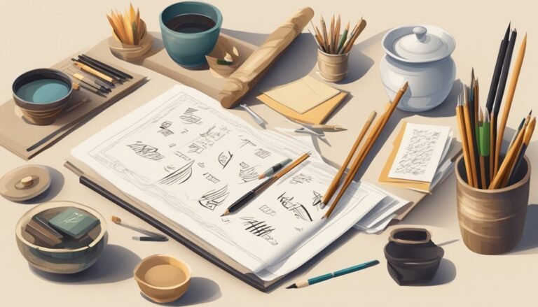 Art supplies, ink, and sketches on a table, ready for calligraphy