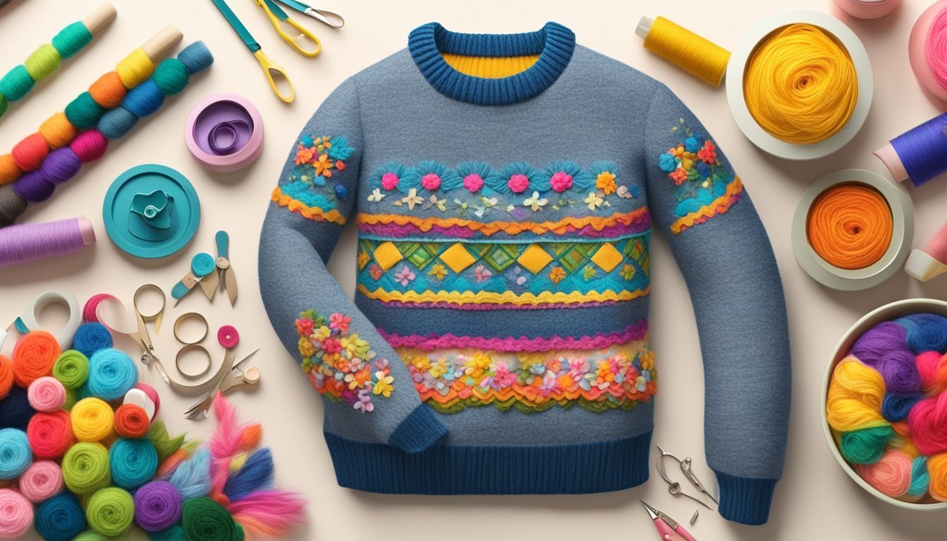 A cozy sweater adorned with colorful felt appliqué designs, surrounded by various craft supplies and tools