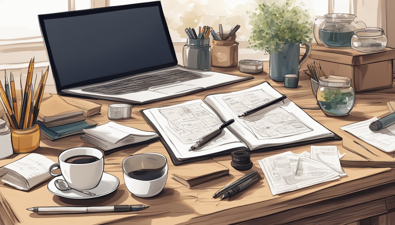 A cozy desk with various pens, ink bottles, and calligraphy practice sheets.</p><p>A warm cup of tea sits nearby, adding to the inviting atmosphere