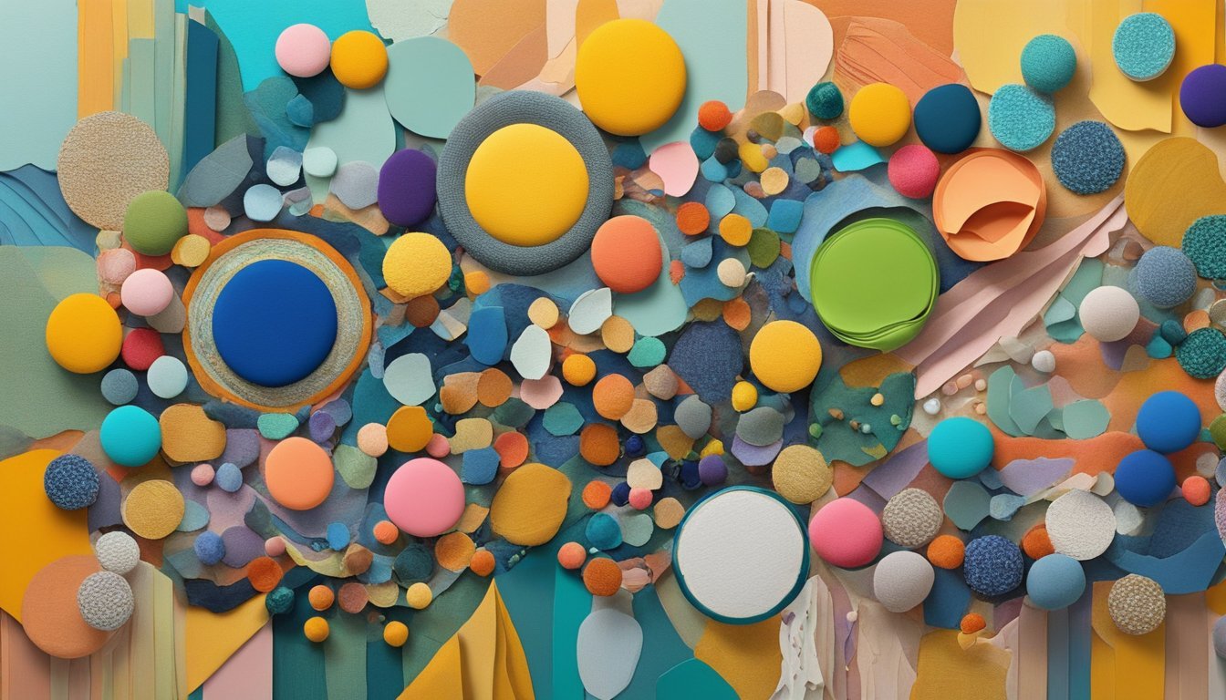 A colorful collage of paint, fabric, paper, and beads arranged in a playful and dynamic composition.</p><p>Different textures and materials are combined to create a visually interesting and vibrant piece of mixed media art