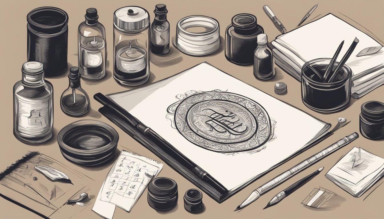 A desk with various calligraphy tools and ink bottles, surrounded by examples of calligraphy styles and practice sheets.</p><p>A hand reaching for a new ink color