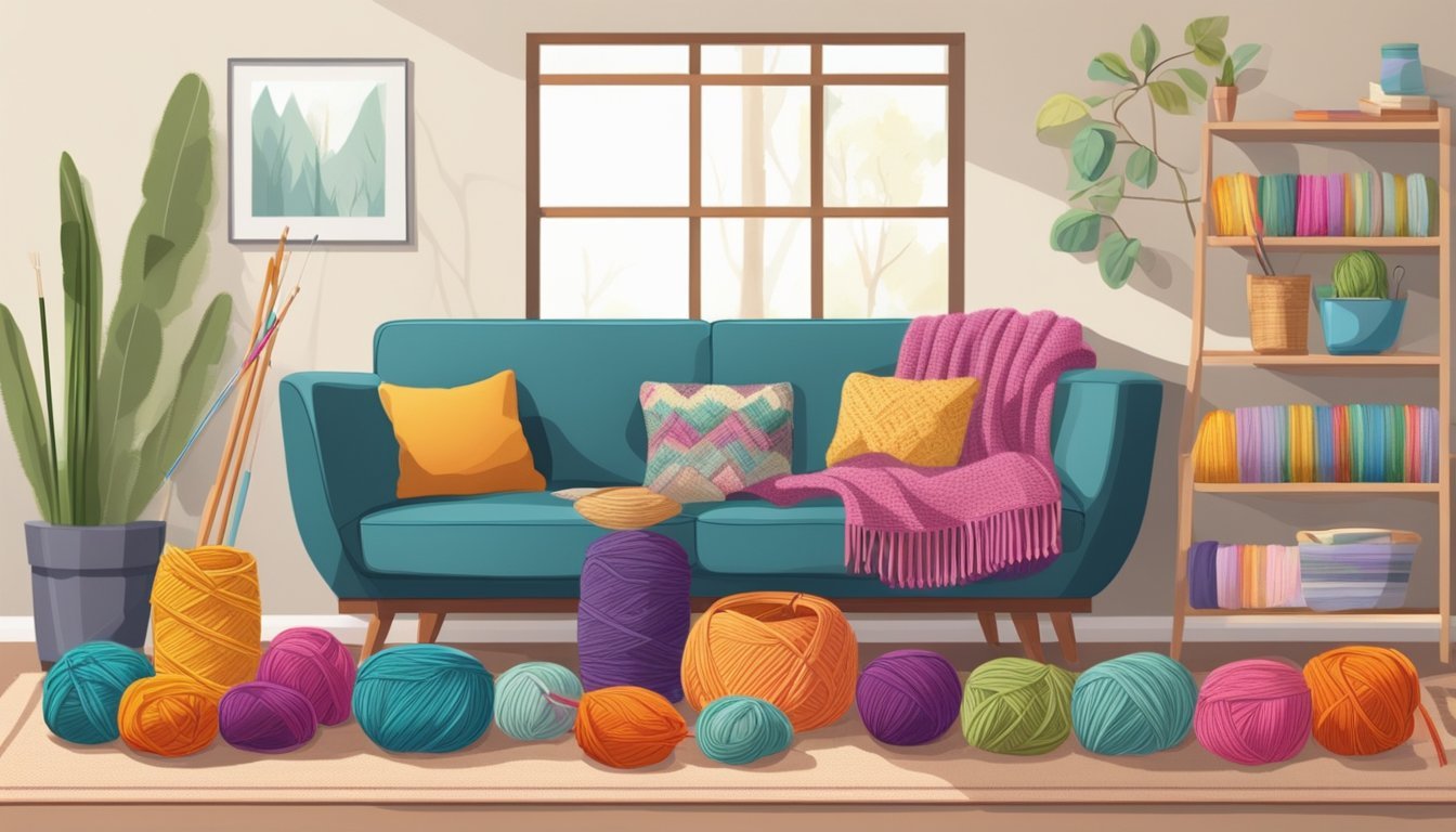 A cozy living room with a basket of colorful yarn, knitting needles, crochet hooks, and various handmade items like blankets, scarves, and pillows