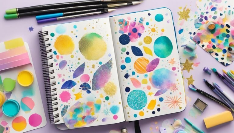 Open sketchbook with colorful watercolor designs, art supplies scattered around