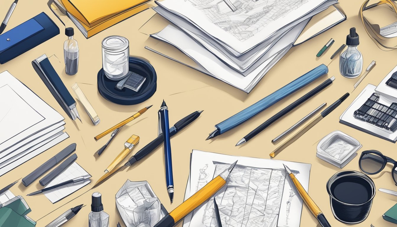 A cluttered desk with various calligraphy tools, including pens, ink, and practice sheets.</p><p>A focused individual diligently working on improving their calligraphy skills