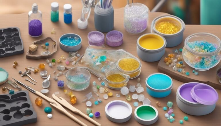 Craft supplies: glitter, beads, and containers of colorful materials on a table