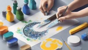Hands painting a mosaic design with palette knives and paint supplies