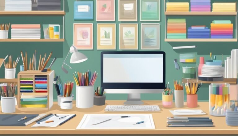Artist's desk with computer, art supplies, and framed artwork on the wall