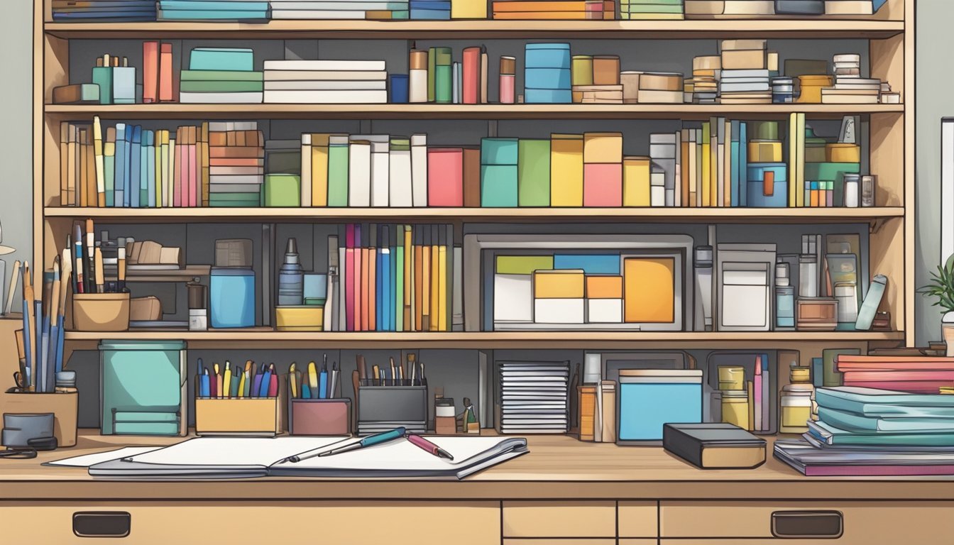 A tidy workspace with shelves and drawers filled with neatly organized art supplies, sorted by medium