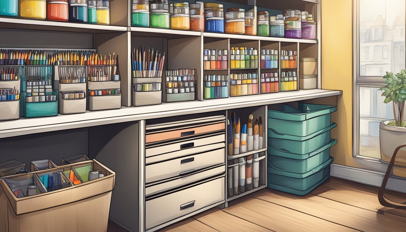 A tidy workspace with labeled bins and drawers holds various art supplies, such as paints, brushes, and sketchbooks.</p><p>A labeled shelving unit displays neatly arranged tubes of paint and jars of pencils