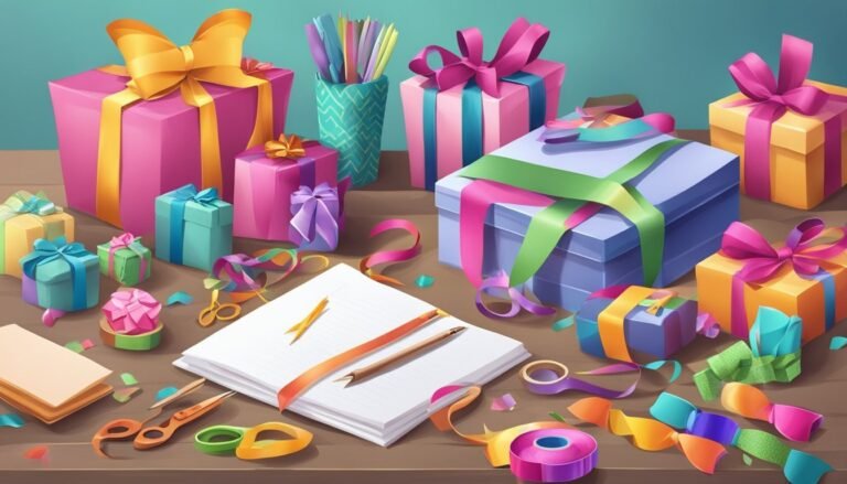 Colorful wrapped gifts, ribbons, scissors, and a notebook on a wooden table