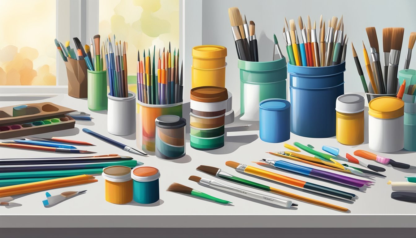 Various art supplies arranged by size: paintbrushes, pencils, markers, and tubes of paint neatly organized in separate containers on a clean, well-lit table