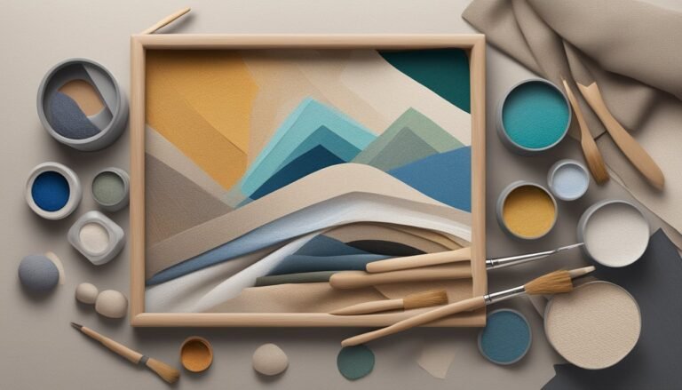 Abstract landscape painting in a frame, surrounded by paint and brushes