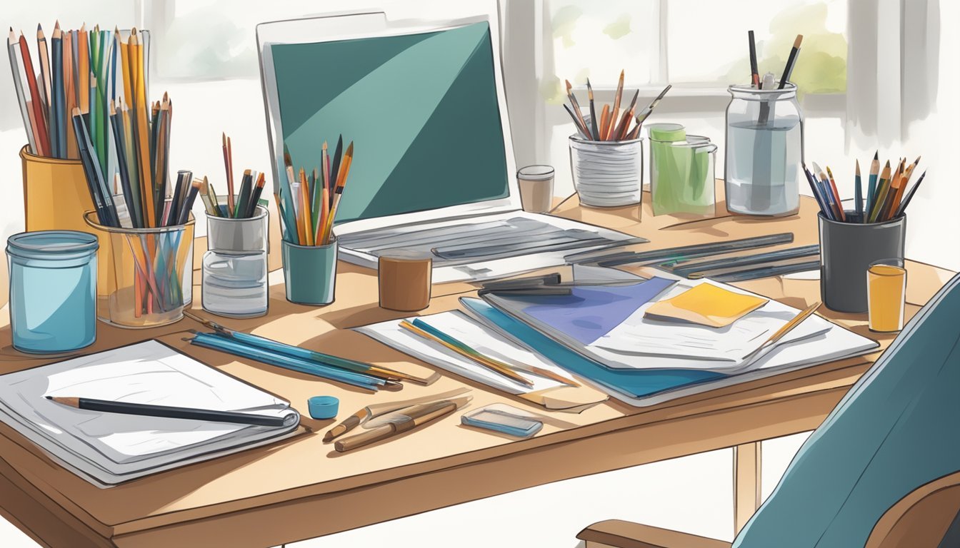 A clean, well-lit desk with neatly arranged art supplies: pencils, markers, brushes, paints, and paper.</p><p>A small organizer holds tools and a cup of fresh water sits nearby