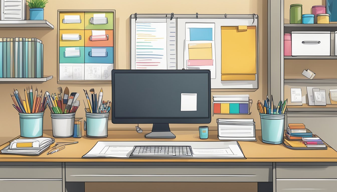 A tidy desk with labeled containers holds neatly arranged art supplies, while a checklist hangs on the wall