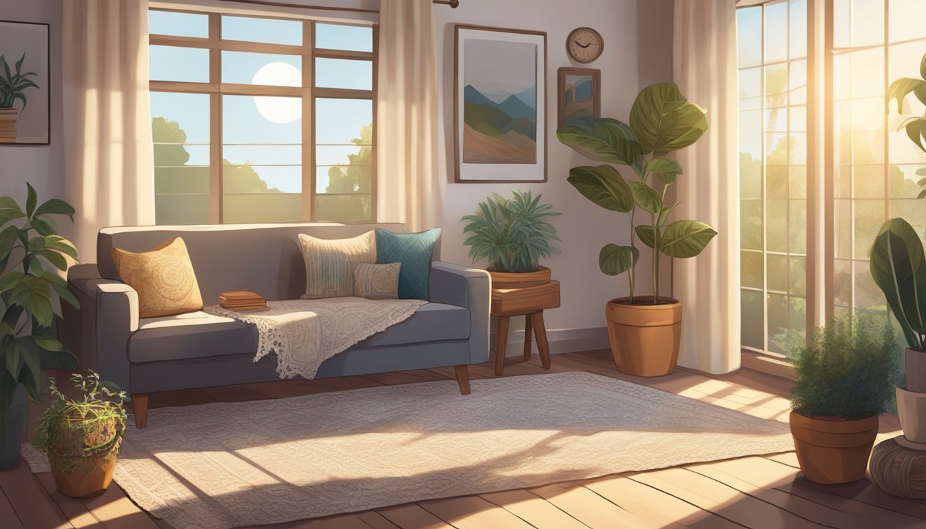 Cozy living room with sofa, plants, and large windows with sunlight