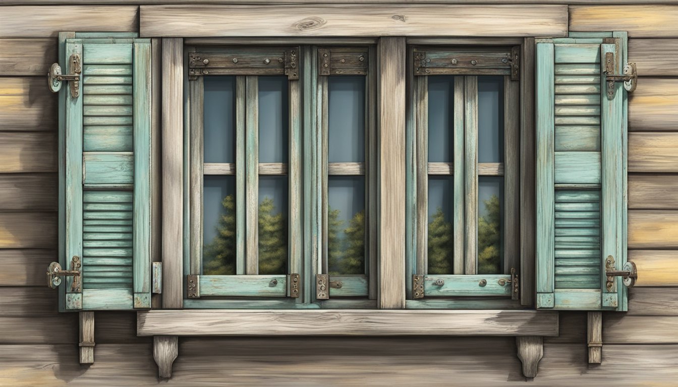 An old, weathered window with antique shutters, adorned with decorative accents like ornate hinges and rustic paint