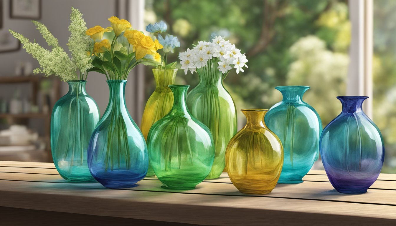 A collection of hand-blown glass vases arranged on a rustic wooden table, surrounded by fresh flowers and greenery, adding a unique touch to the home décor