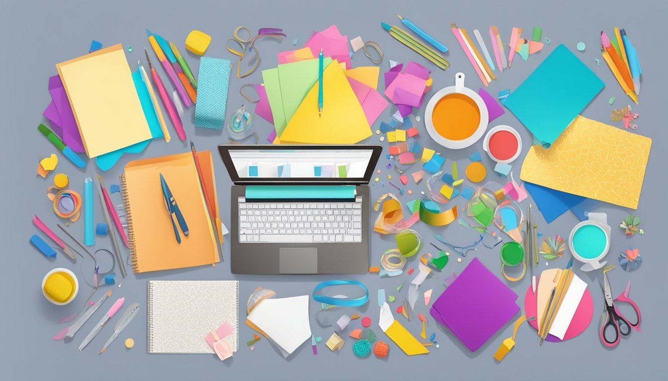 Laptop surrounded by colorful stationery, paper, and art supplies on a gray surface