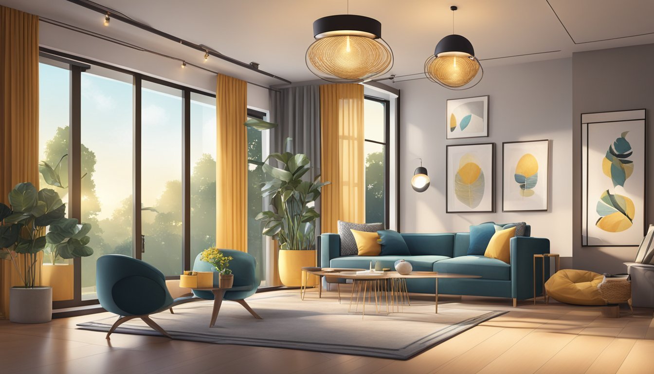 A modern living room with a variety of unique light fixtures hanging from the ceiling, casting a warm and inviting glow over the stylish home décor