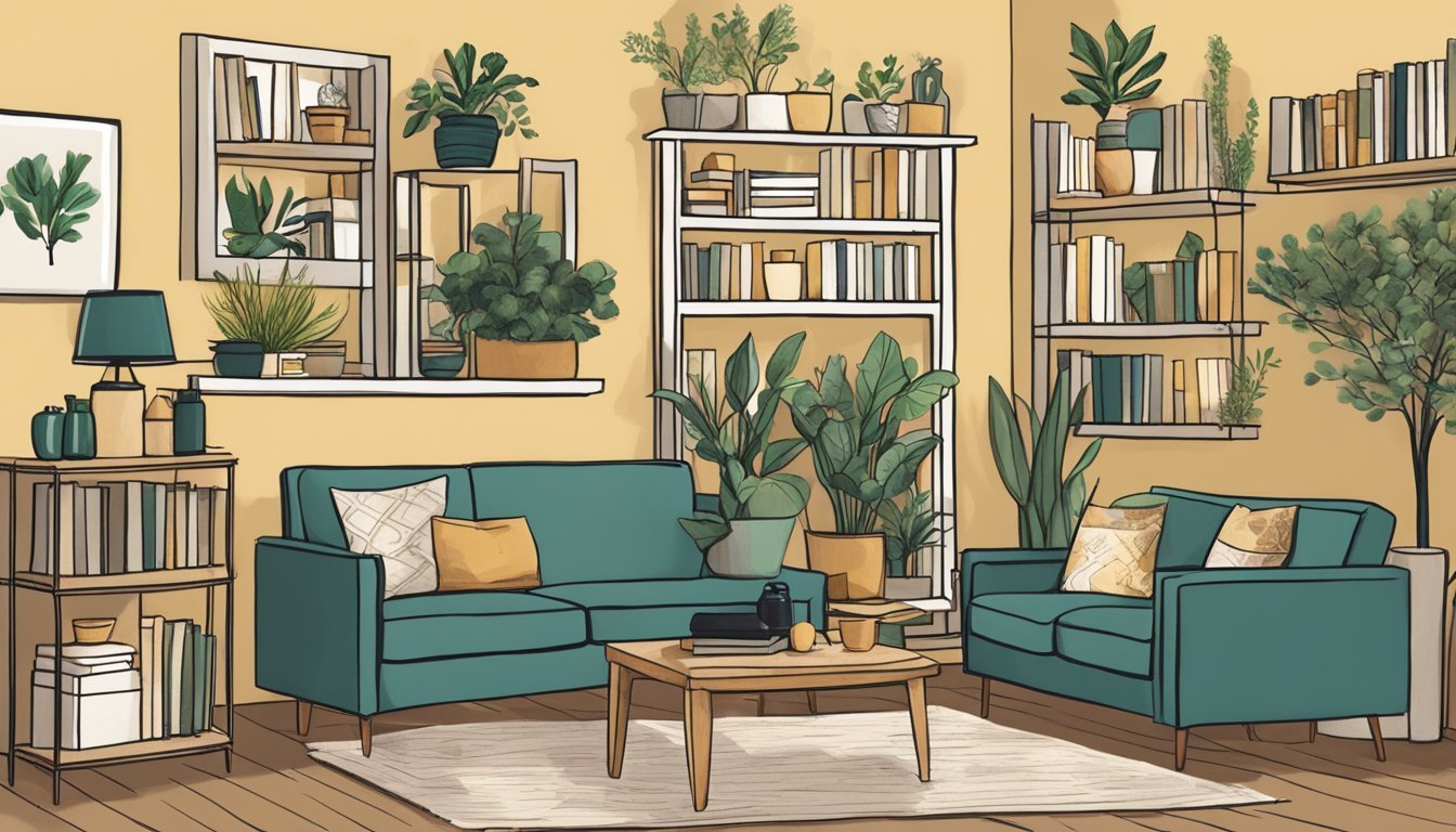 A cozy living room with repurposed bookshelves showcasing unique home décor items like plants, candles, and vintage knick-knacks