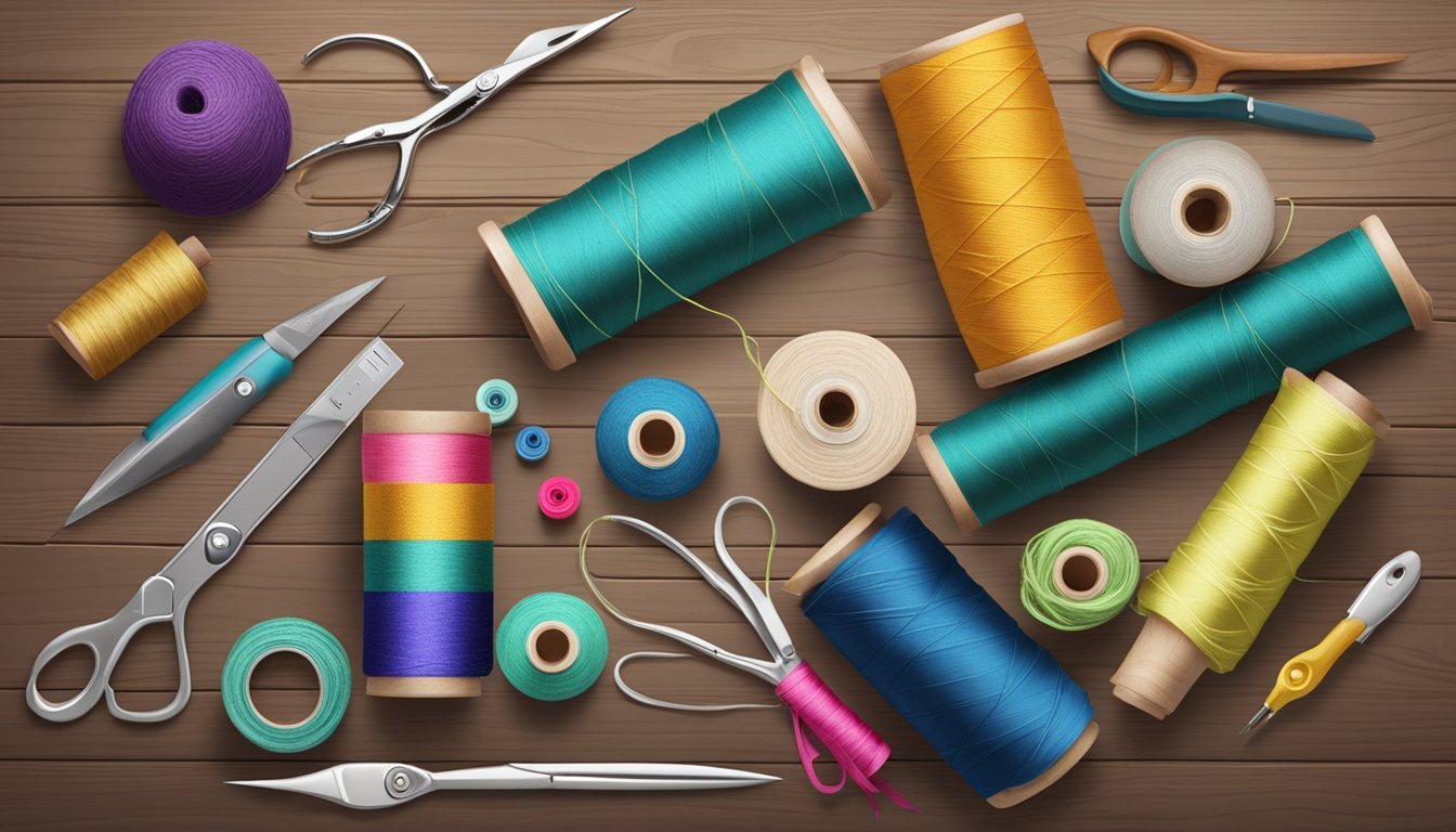 A colorful assortment of fabric, thread, and sewing tools arranged neatly on a wooden table, with five simple sewing project examples displayed nearby