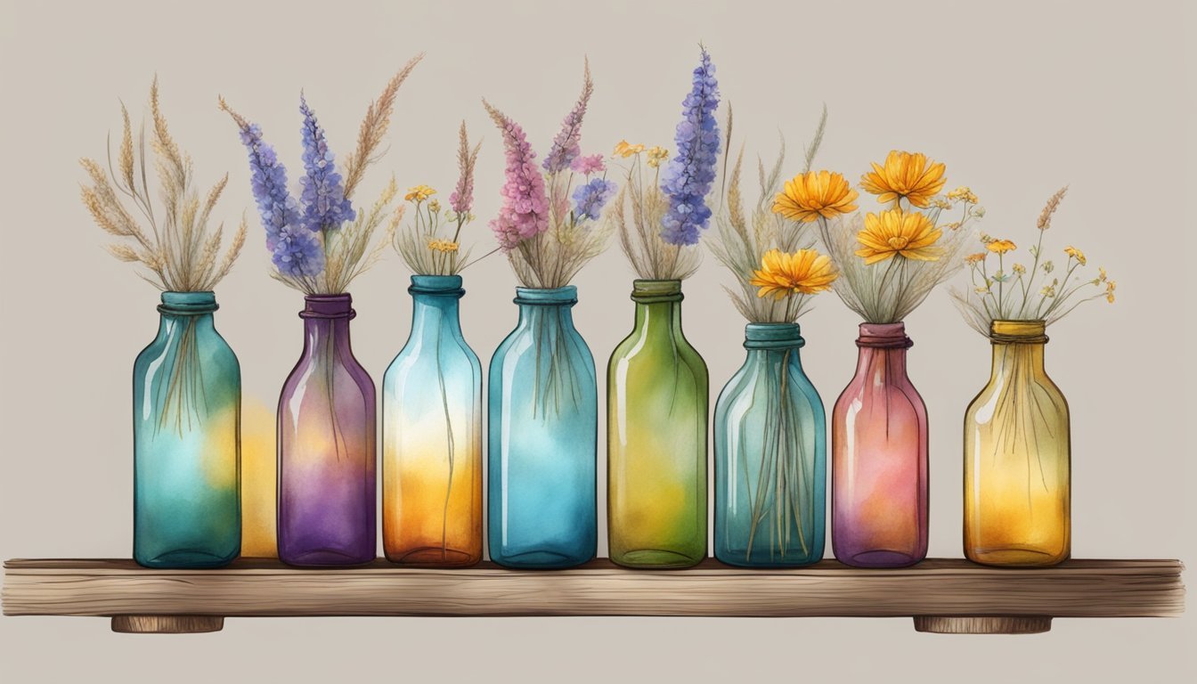 A collection of upcycled glass bottles arranged on a rustic wooden shelf, adorned with colorful paint, twine, and dried flowers, adding a unique touch to a cozy home decor setting