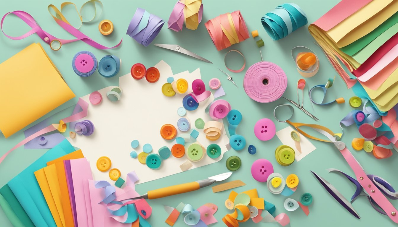 A table scattered with various crafting materials: colorful paper, ribbons, buttons, and textured fabrics.</p><p>A pair of scissors, glue, and a blank card ready to be transformed into a handmade masterpiece