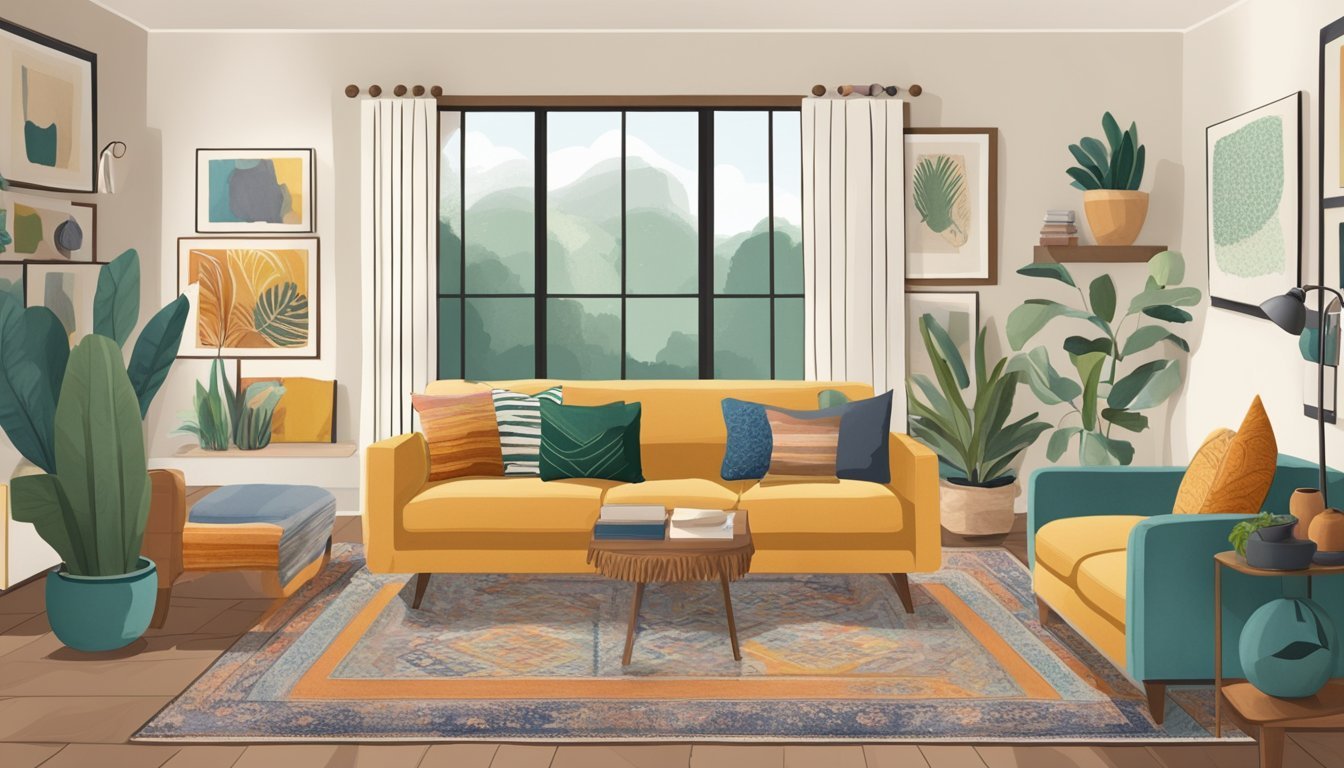 A cozy living room with eclectic decor: a vintage rug, mismatched throw pillows, and a gallery wall of unique artwork