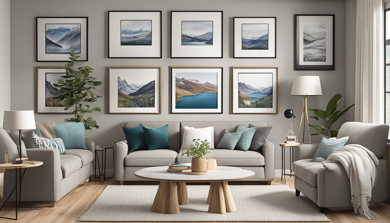A cozy living room with handmade throw pillows, family photos on the wall, and a personalized DIY gallery wall