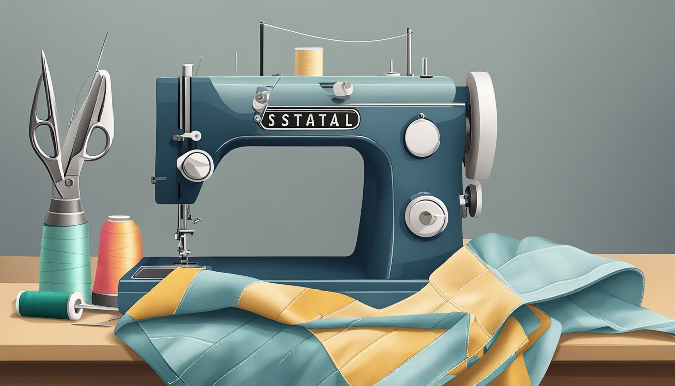 A sewing machine stitching a simple tote bag with fabric, scissors, and thread nearby