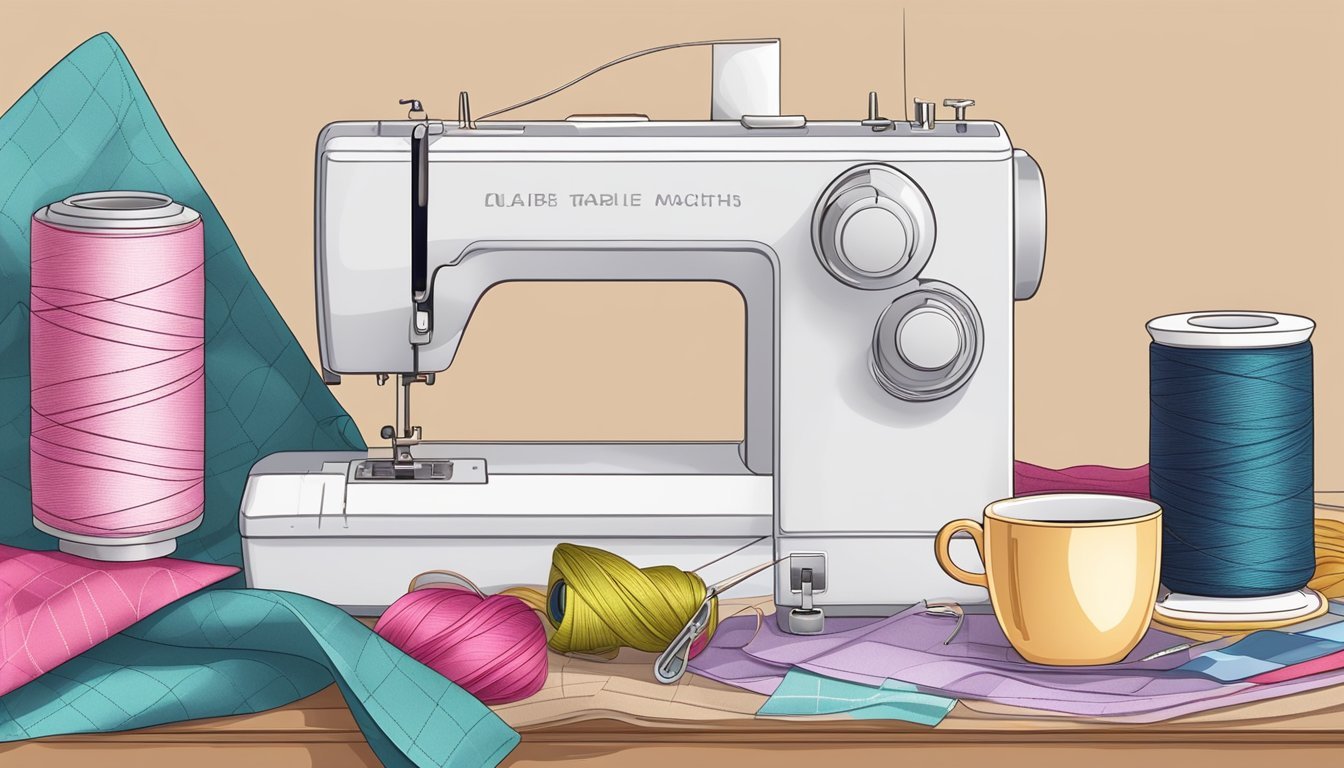 A table with a sewing machine, fabric, scissors, thread, and pins.</p><p>A pattern and instructions lay nearby.</p><p>A cup of tea sits on the table