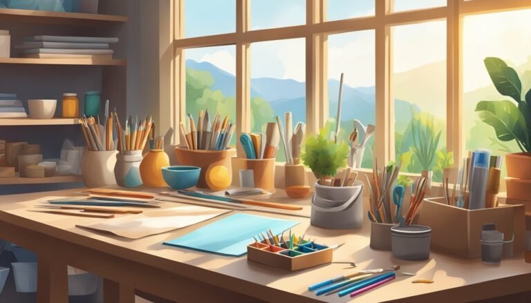Art studio with brushes, paints, and a window overlooking mountains
