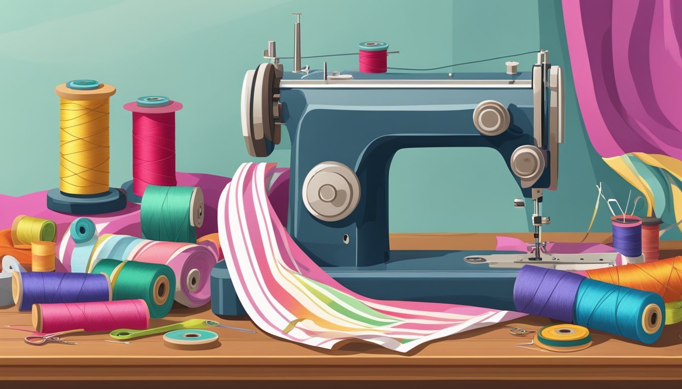 A sewing machine surrounded by colorful fabric, spools of thread, scissors, pins, and a tape measure on a wooden table in a well-lit room