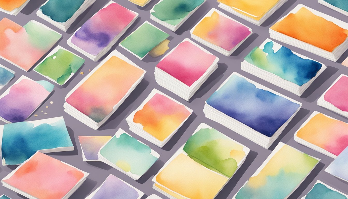 A colorful array of handmade cards, each featuring unique watercolor designs in vibrant hues, spread out on a table with various painting supplies nearby