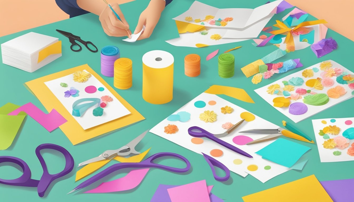 A table with colorful paper, scissors, glue, ribbons, and stickers.</p><p>A handmade card in progress, with decorative embellishments being added