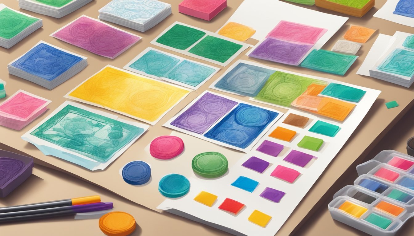 Colorful stamps arranged in a pattern on a table, surrounded by paper, markers, and glue.</p><p>A handmade card in progress, with a variety of stamps and colors