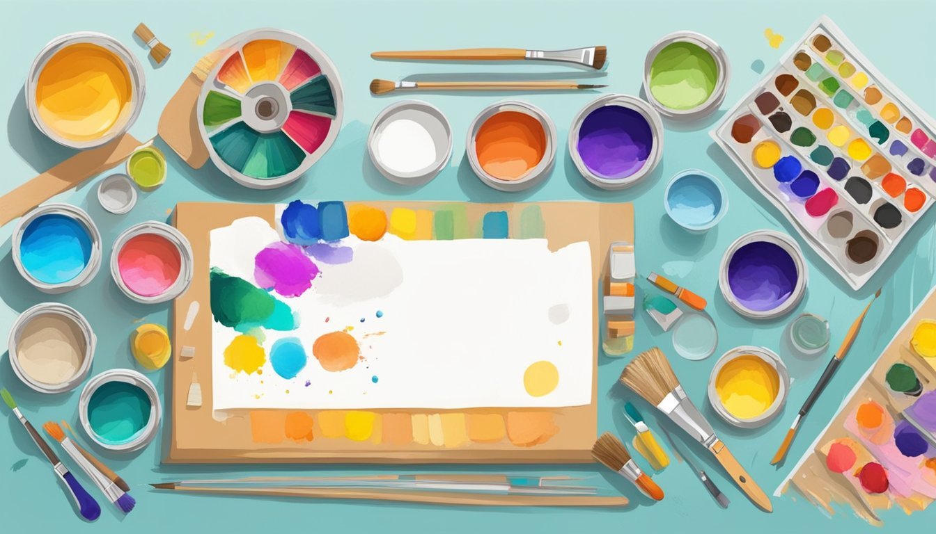 A table with open craft kits, paint palettes, and brushes.</p><p>Colors being mixed and applied to paper.</p><p>Bright, vibrant hues blending together in artistic patterns