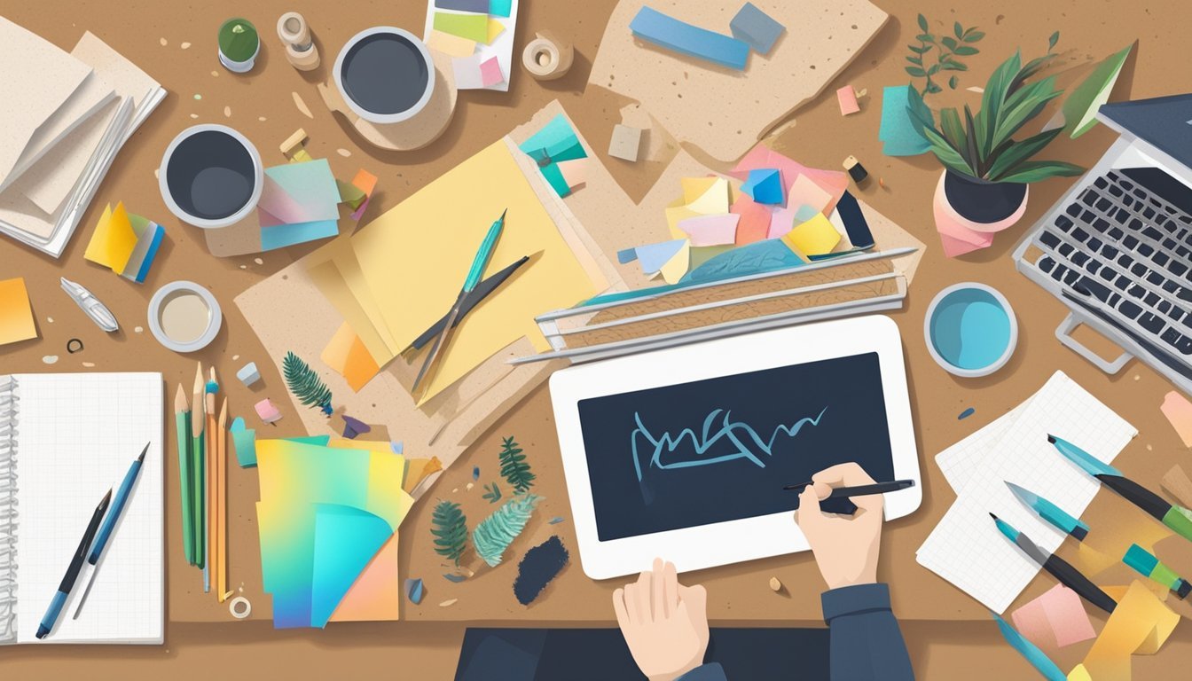 A cozy workspace with a wooden desk, colorful paper, ink, and various calligraphy tools spread out.</p><p>Finished handmade cards are displayed on a corkboard in the background