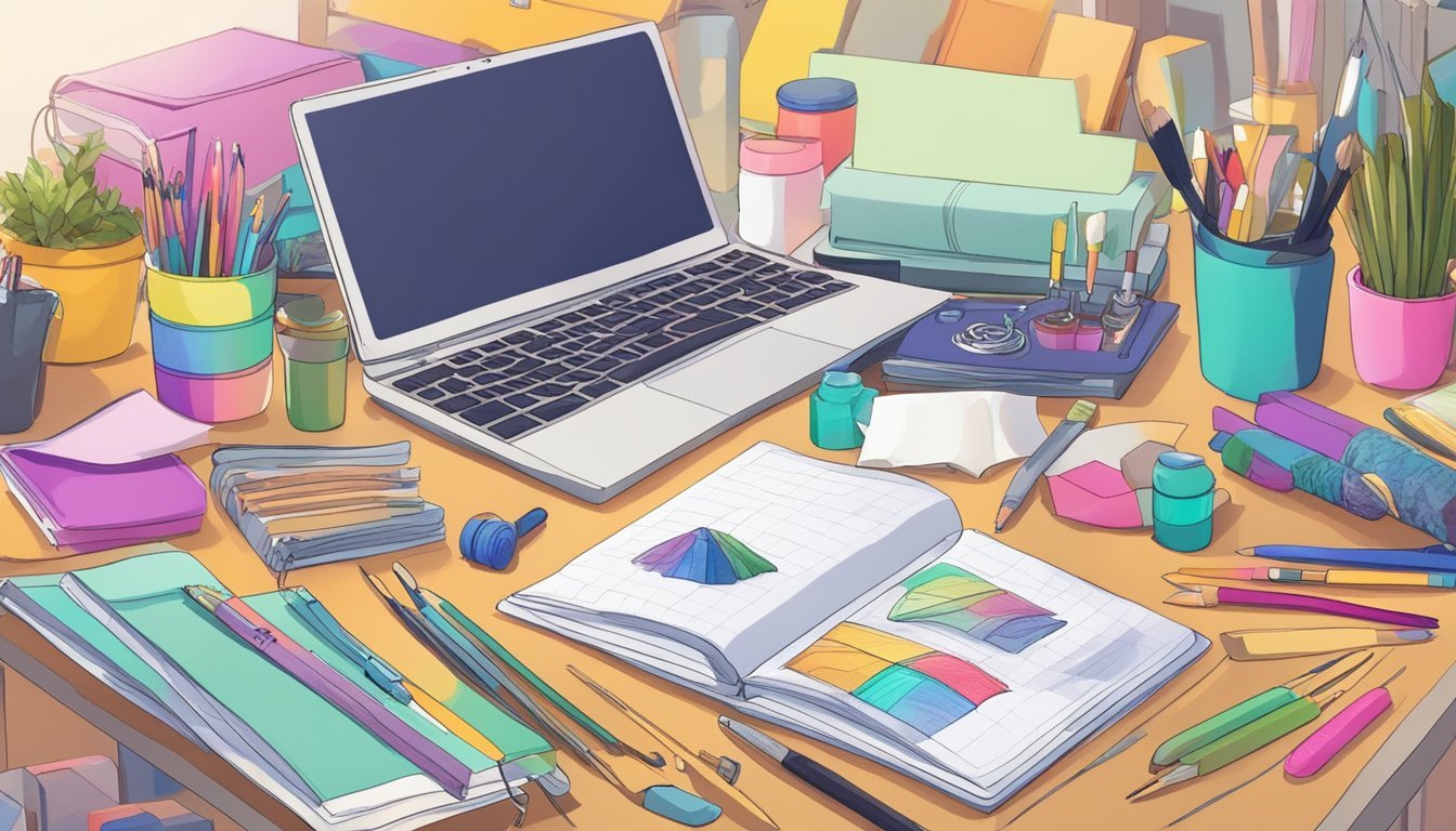 A cozy, well-lit workspace with a colorful crafting journal open to a page titled "5 Tips for Getting the Most Out of Your Craft Kits," surrounded by various craft supplies and tools