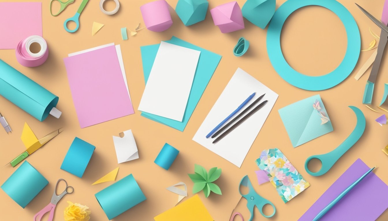 A table with colorful paper, scissors, glue, and decorative items for making handmade cards