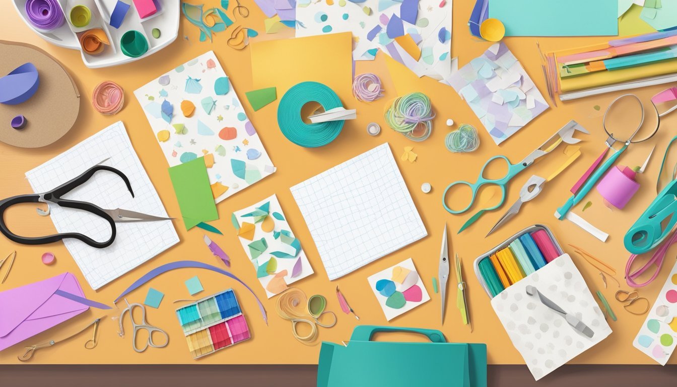 A table scattered with colorful paper, scissors, glue, and various craft supplies.</p><p>Finished handmade cards displayed in the background