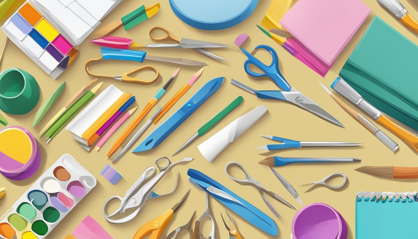 A table with neatly arranged craft supplies, including colorful paper, scissors, glue, and paint brushes, alongside open craft kits with various materials spilling out