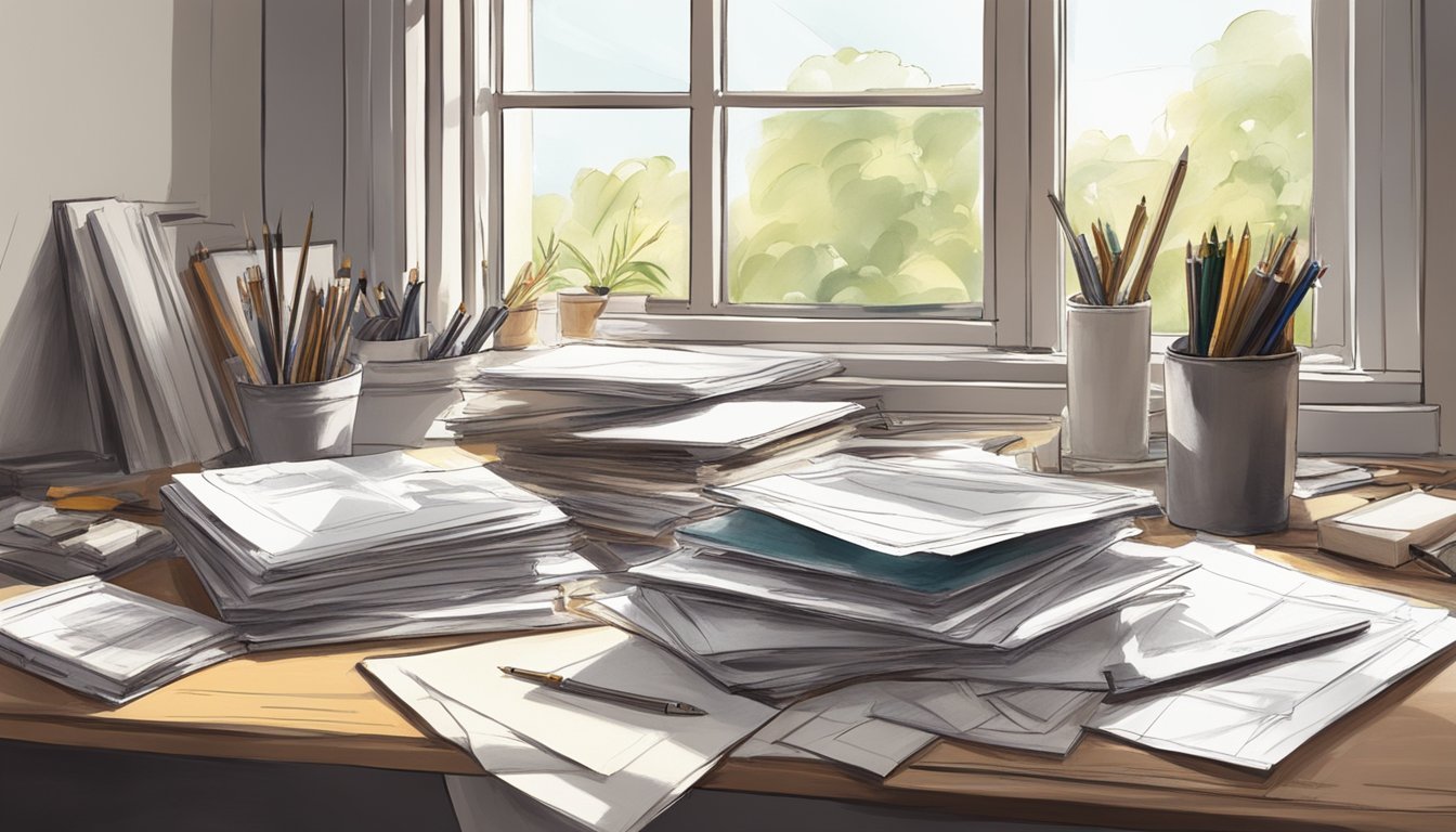 A pile of old sketches and art supplies on a desk, with a bright window casting natural light onto the workspace