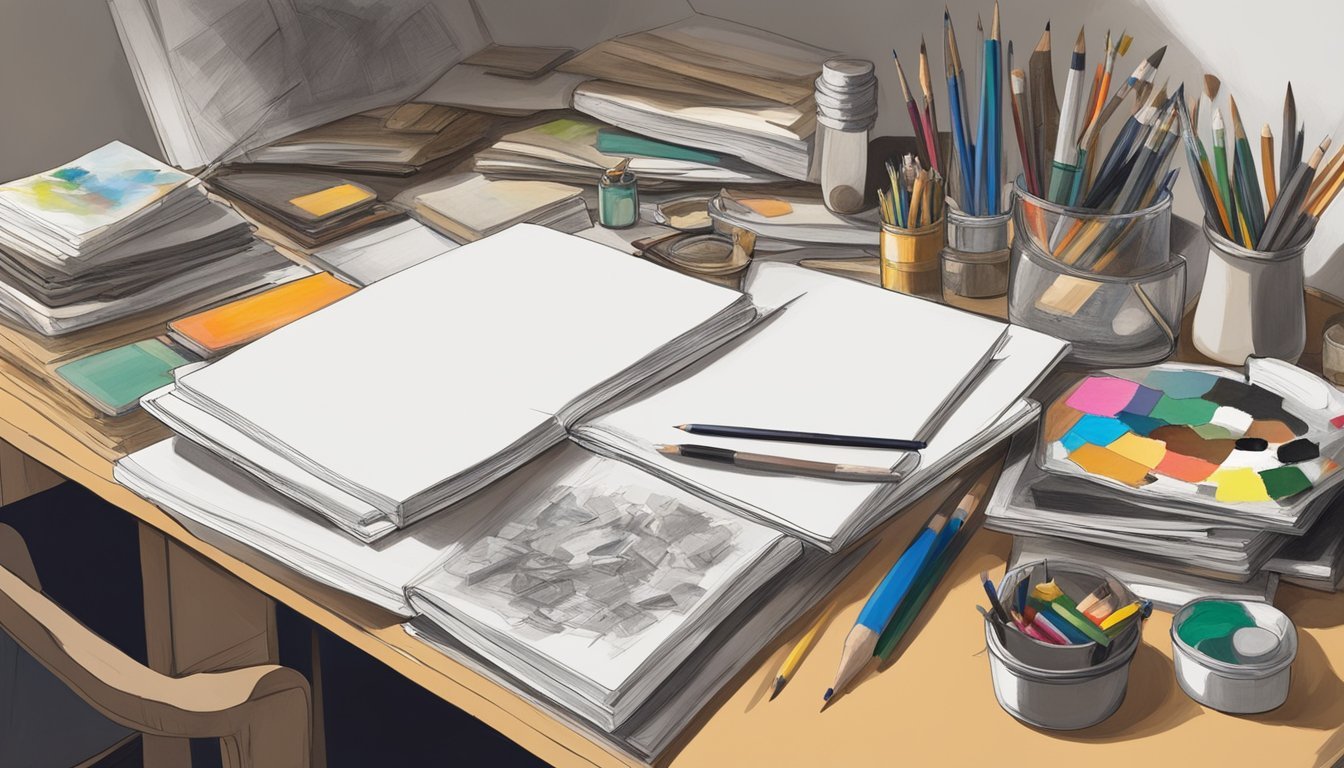 A cluttered desk with old sketchbooks, pencils, paintbrushes, and various art supplies.</p><p>A stack of unfinished drawings and paintings sits next to a blank canvas, ready to be repurposed
