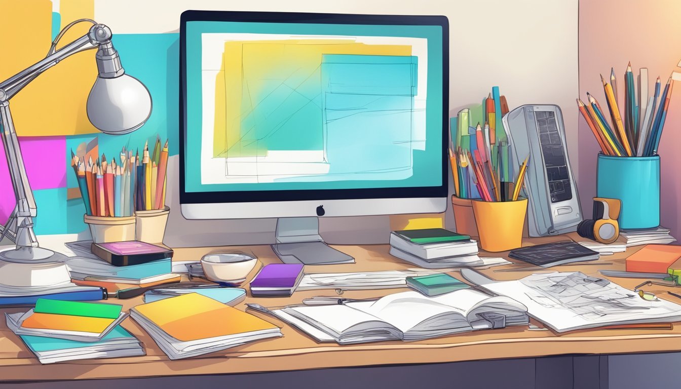 A cluttered desk with old sketches, a computer, and a tablet, surrounded by colorful art supplies and a bright, inviting workspace