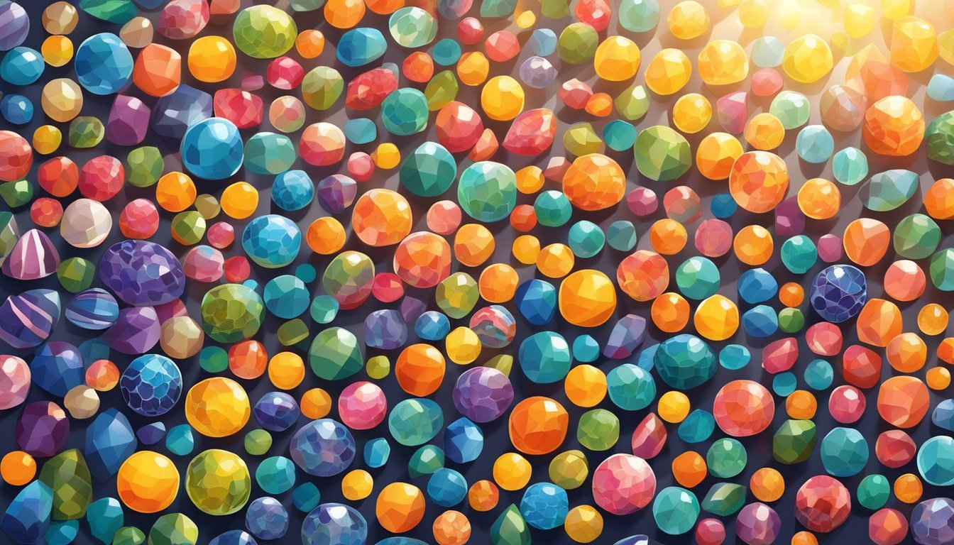 Colorful beads arranged in various patterns and shapes, catching the sunlight and casting vibrant reflections on a window