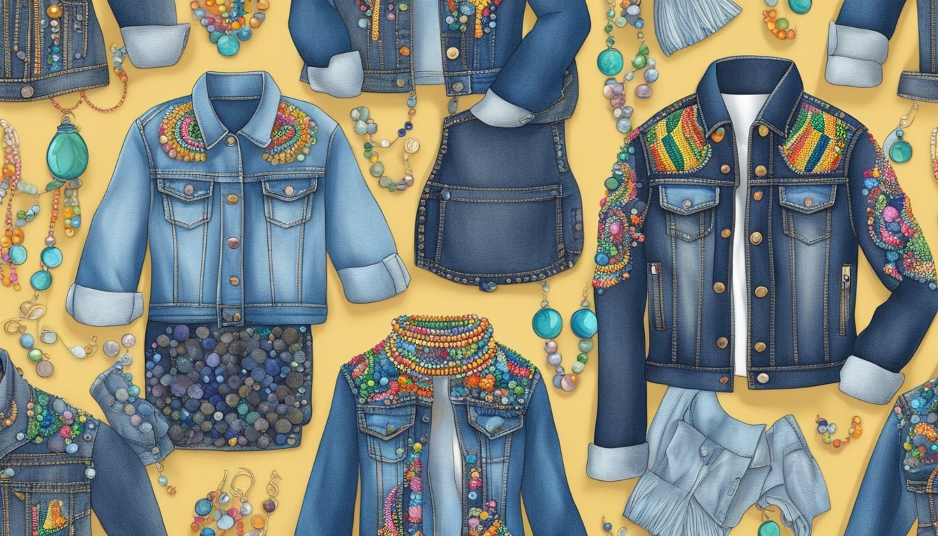 A denim jacket adorned with colorful beads in various patterns and designs, showcasing the fun and creative ways to incorporate beads into crafts