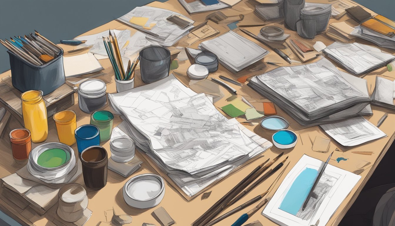 A cluttered desk with old sketches scattered around, a paint palette, and a canvas ready to be transformed into new art