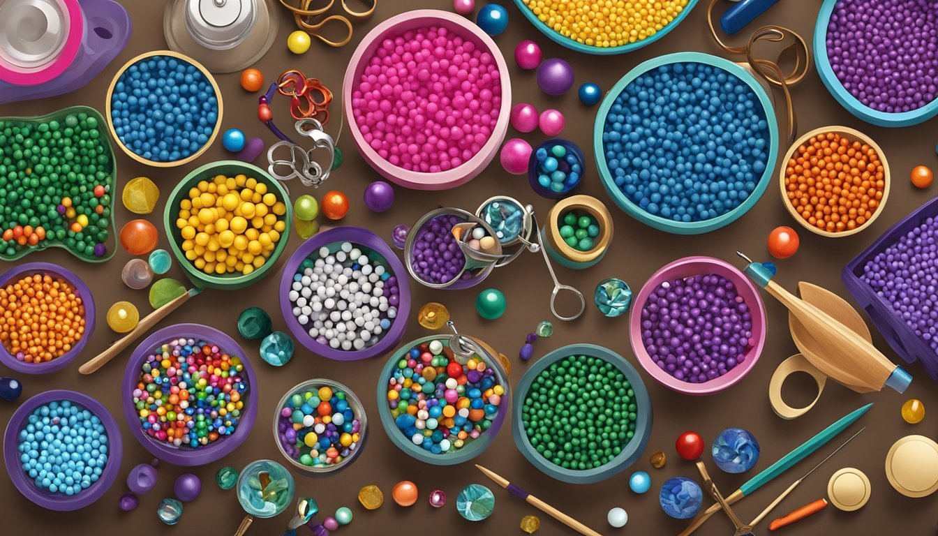 A colorful array of beads in various shapes and sizes, arranged on a table with craft supplies and tools scattered around